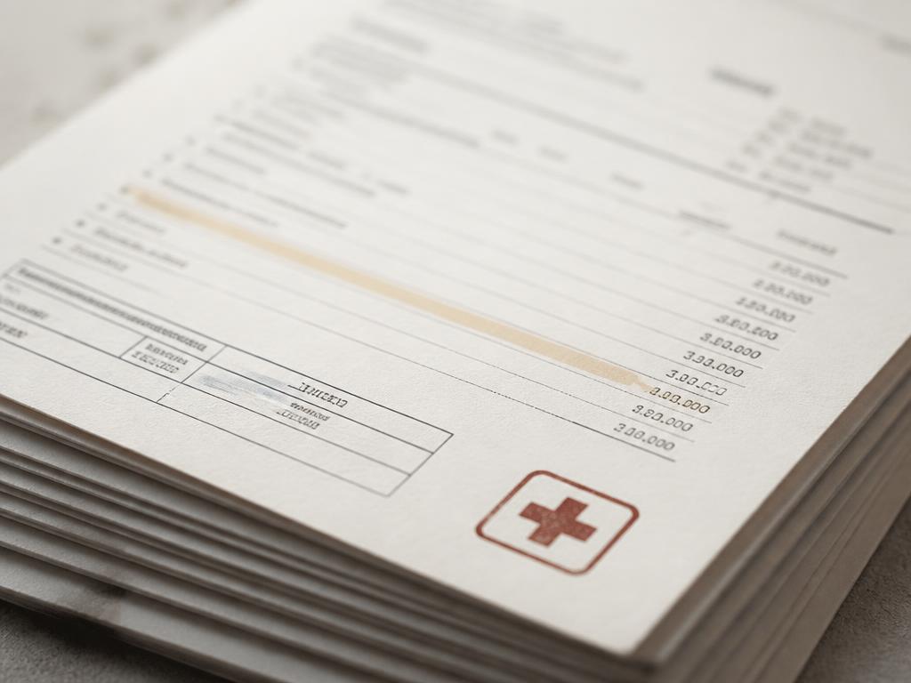 A stack of itemized medical billing statements with one line highlighted